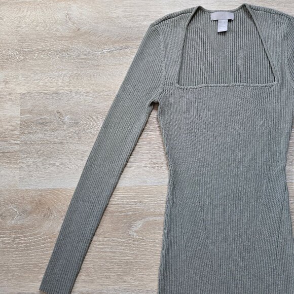 H&M Khaki Green Rib Knit Long Sleeve Midi Dress With Square Neckline Size Small - Picture 4 of 17